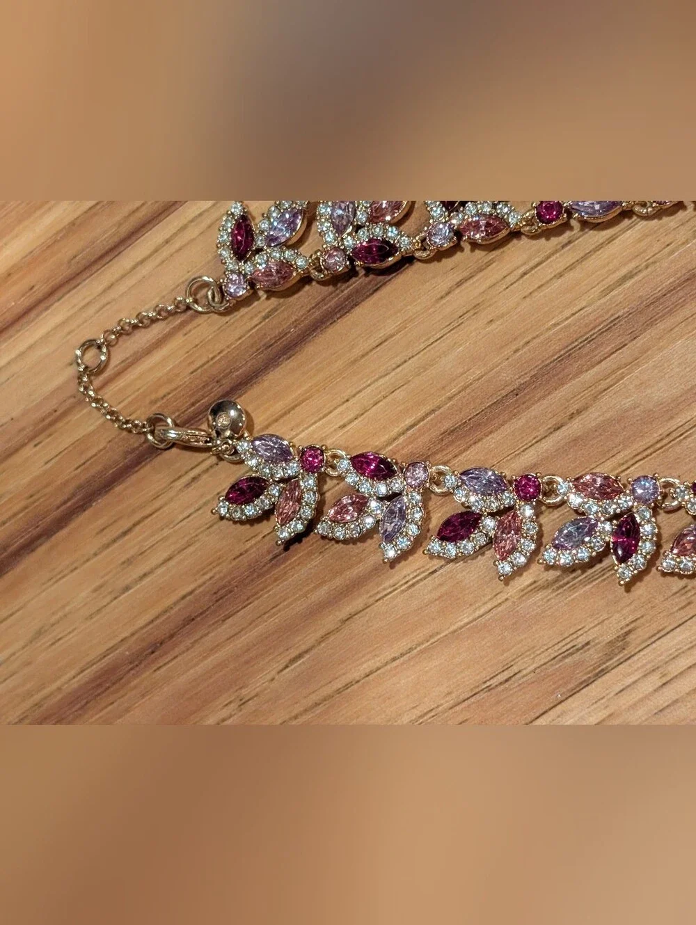 Gold-Tone Light And Deep Pink Crystal Leaf Necklace